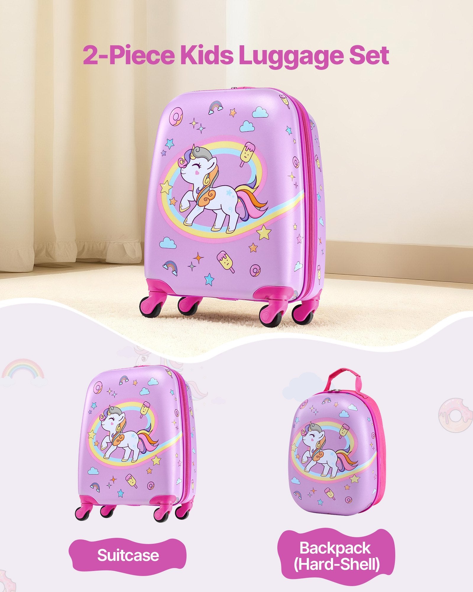 Kids Luggage Set, 2 Piece, 45.7 cm Hardside Rolling Wheels Suitcase with Hard-Shell Backpack, Unicorn Kids Carry on Luggage Set, Holiday Birthday Present for Girls & Boys, Airline Approved - Image 2