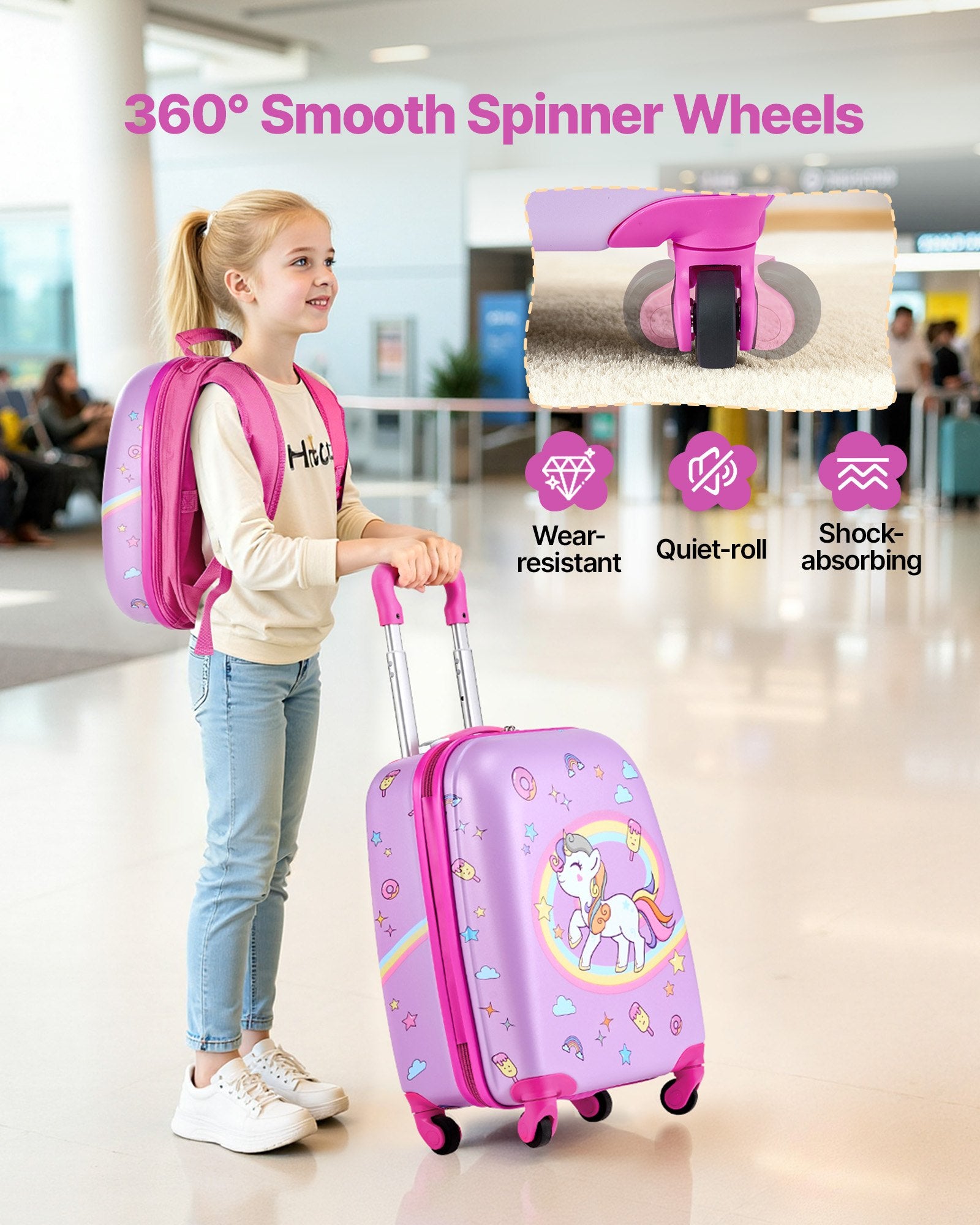Kids Luggage Set, 2 Piece, 45.7 cm Hardside Rolling Wheels Suitcase with Hard-Shell Backpack, Unicorn Kids Carry on Luggage Set, Holiday Birthday Present for Girls & Boys, Airline Approved - Image 4
