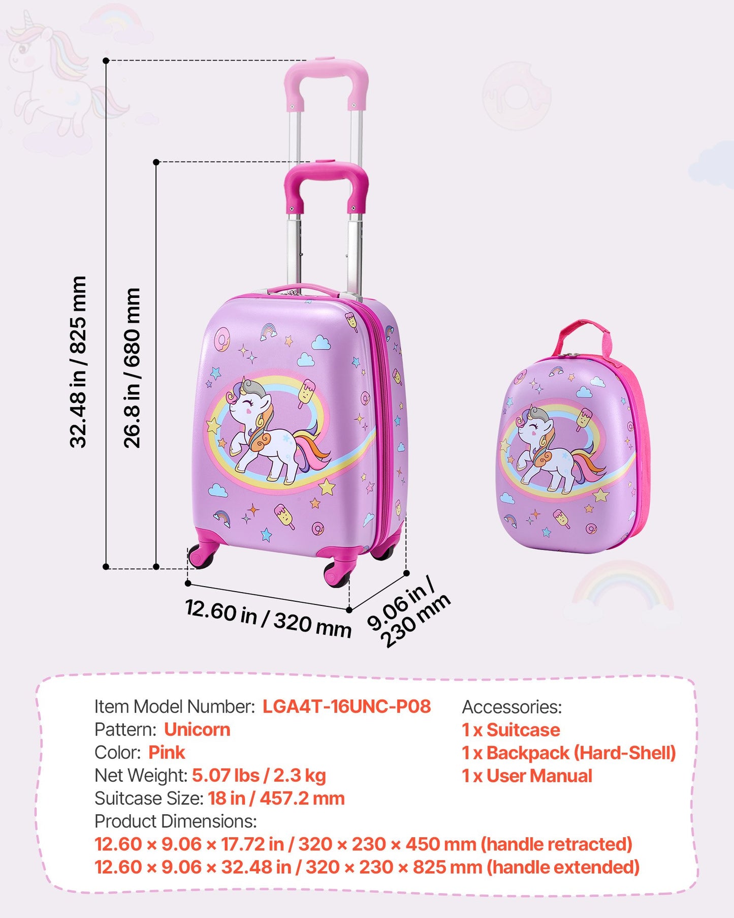 Kids Luggage Set, 2 Piece, 45.7 cm Hardside Rolling Wheels Suitcase with Hard-Shell Backpack, Unicorn Kids Carry on Luggage Set, Holiday Birthday Present for Girls & Boys, Airline Approved - Image 7