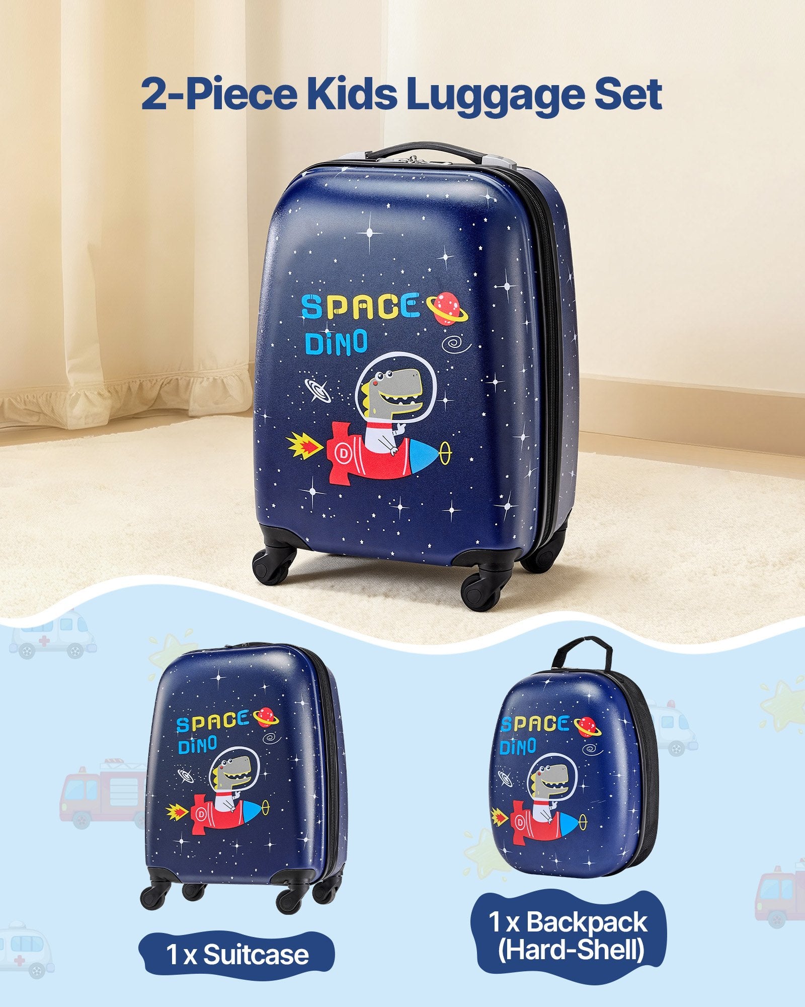 Kids Luggage Set, 2 Piece, 45.7 cm Hardside Rolling Wheels Suitcase with Hard-Shell Backpack, Dinosaur Kids Carry on Luggage Set, Holiday Birthday Present for Girls & Boys, Airline Approved - Image 2