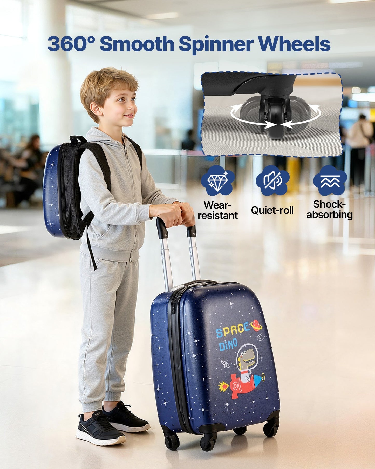 Kids Luggage Set, 2 Piece, 45.7 cm Hardside Rolling Wheels Suitcase with Hard-Shell Backpack, Dinosaur Kids Carry on Luggage Set, Holiday Birthday Present for Girls & Boys, Airline Approved - Image 4