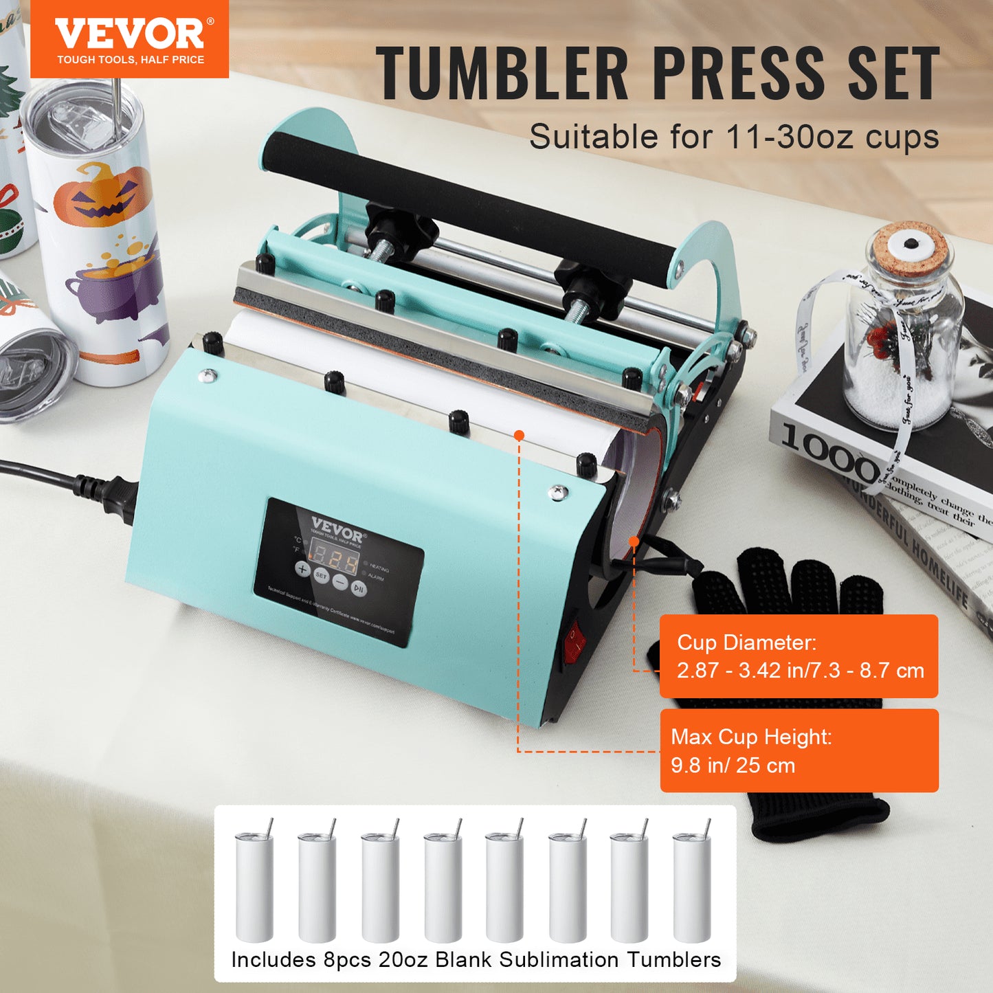 Tumbler Heat Press Machine and Sublimation Tumblers, Tumbler Press Set with 8pcs 20OZ Blank Tumblers, Mug Press Cup Press for 11-30oz Tumblers Mug, with Heat Transfer Paper, Gloves, Tape - Image 2
