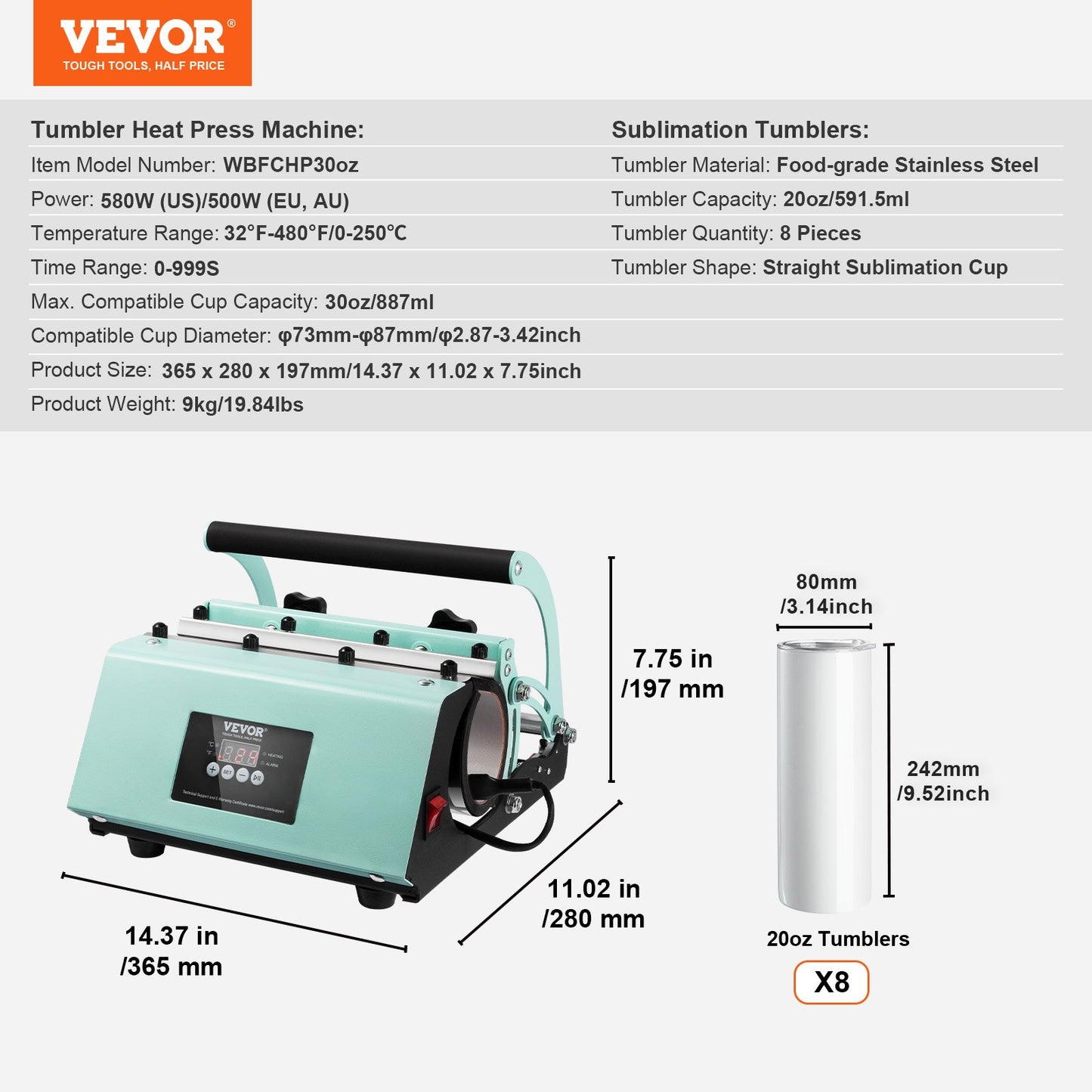 Tumbler Heat Press Machine and Sublimation Tumblers, Tumbler Press Set with 8pcs 20OZ Blank Tumblers, Mug Press Cup Press for 11-30oz Tumblers Mug, with Heat Transfer Paper, Gloves, Tape - Image 7