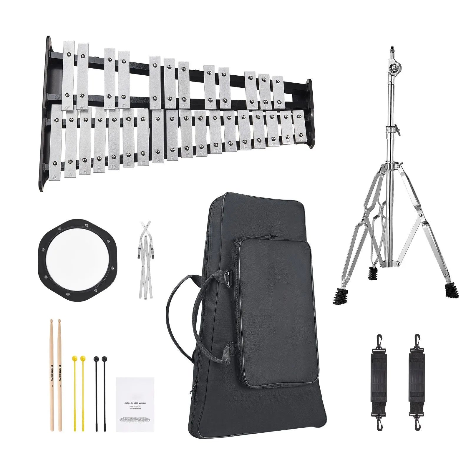 30 Note Glockenspiel Xylophone Bell Kit, Professional Percussion Instrument Set with Mallets, Drum Sticks, Music Stand, 8" Practice Pad, Adjustable Stand and Carrying Bag for Students & Adults