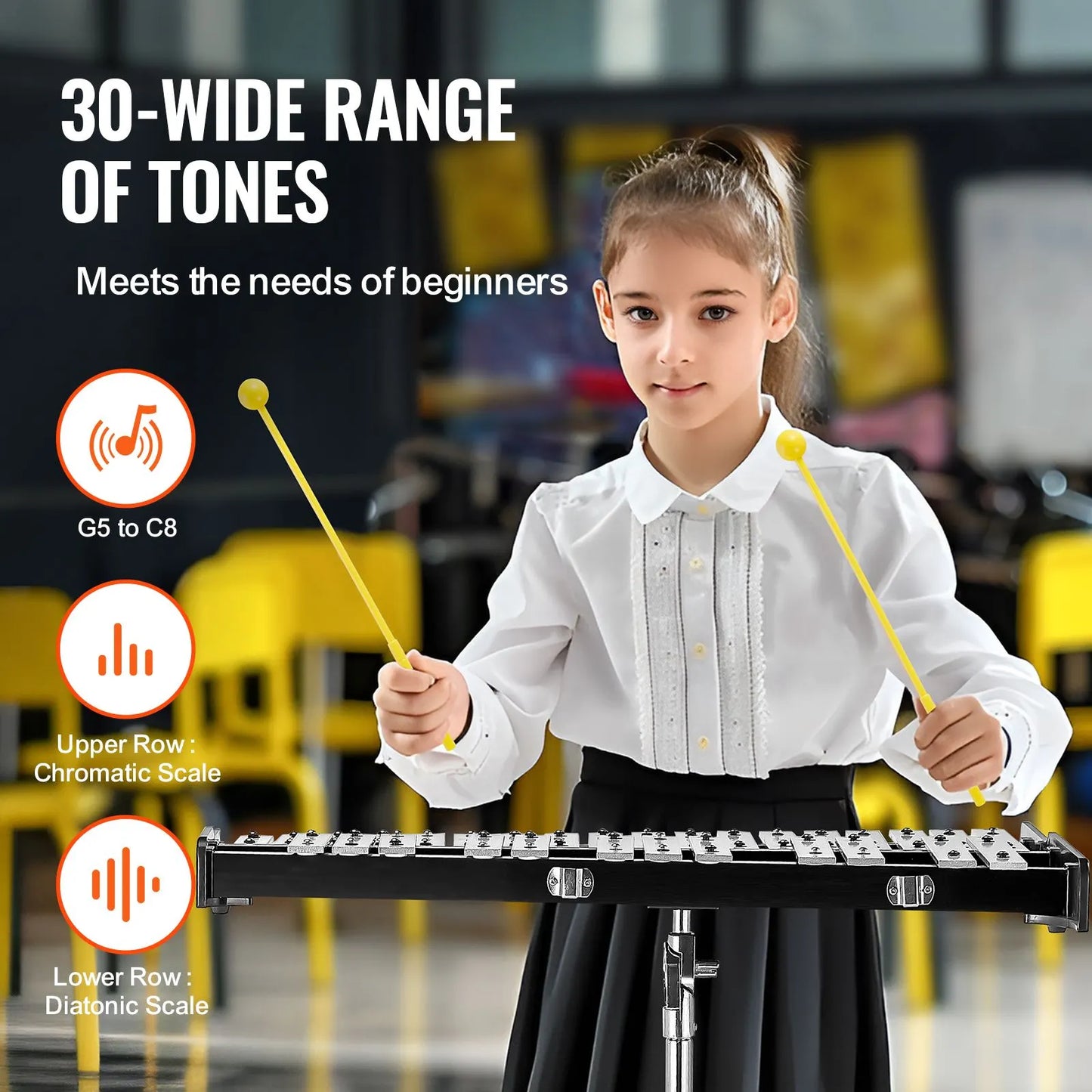 30 Note Glockenspiel Xylophone Bell Kit, Professional Percussion Instrument Set with Mallets, Drum Sticks, Music Stand, 8" Practice Pad, Adjustable Stand and Carrying Bag for Students & Adults - Image 3