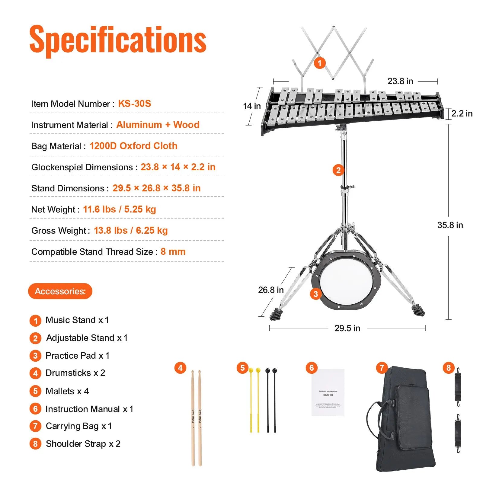 30 Note Glockenspiel Xylophone Bell Kit, Professional Percussion Instrument Set with Mallets, Drum Sticks, Music Stand, 8" Practice Pad, Adjustable Stand and Carrying Bag for Students & Adults - Image 7