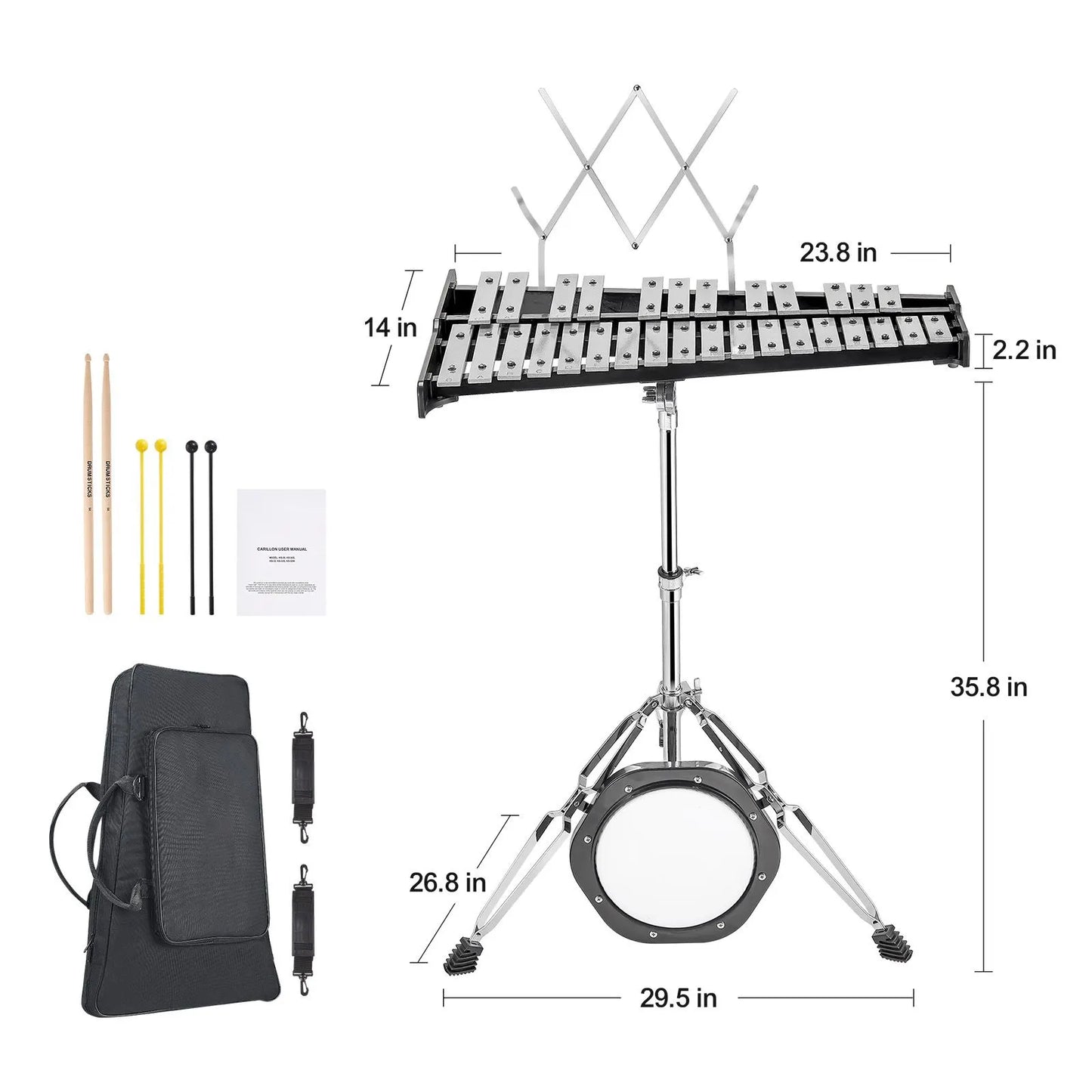 30 Note Glockenspiel Xylophone Bell Kit, Professional Percussion Instrument Set with Mallets, Drum Sticks, Music Stand, 8" Practice Pad, Adjustable Stand and Carrying Bag for Students & Adults - Image 8