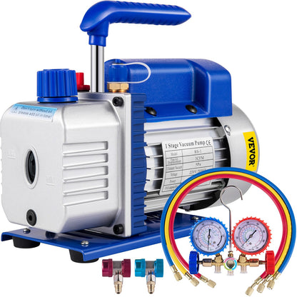3CFM 84 L/M 1-Stage, Refrigerant Vacuum Pump Refrigeration Gauges A/C Air Conditioning 1440 RPM 1/4 HP, 3 pcs hoses 800 PSI Refrigeration Gauges