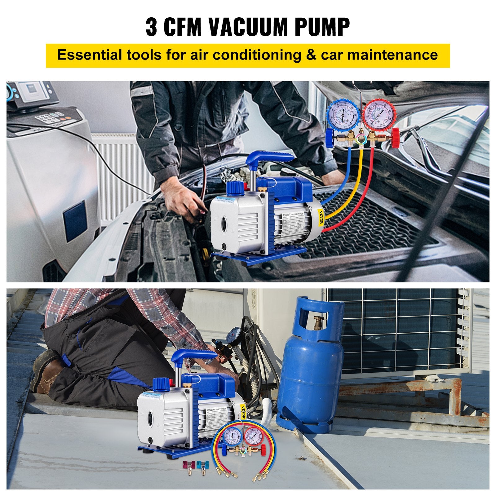 3CFM 84 L/M 1-Stage, Refrigerant Vacuum Pump Refrigeration Gauges A/C Air Conditioning 1440 RPM 1/4 HP, 3 pcs hoses 800 PSI Refrigeration Gauges - Image 2