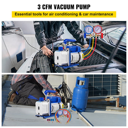 3CFM 84 L/M 1-Stage, Refrigerant Vacuum Pump Refrigeration Gauges A/C Air Conditioning 1440 RPM 1/4 HP, 3 pcs hoses 800 PSI Refrigeration Gauges - Image 2