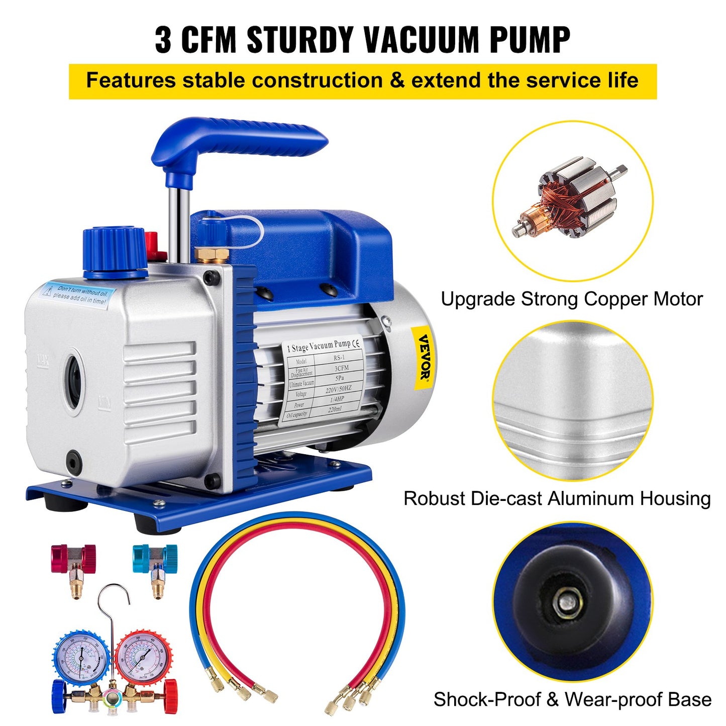 3CFM 84 L/M 1-Stage, Refrigerant Vacuum Pump Refrigeration Gauges A/C Air Conditioning 1440 RPM 1/4 HP, 3 pcs hoses 800 PSI Refrigeration Gauges - Image 3