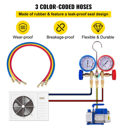3CFM 84 L/M 1-Stage, Refrigerant Vacuum Pump Refrigeration Gauges A/C Air Conditioning 1440 RPM 1/4 HP, 3 pcs hoses 800 PSI Refrigeration Gauges - Image 5