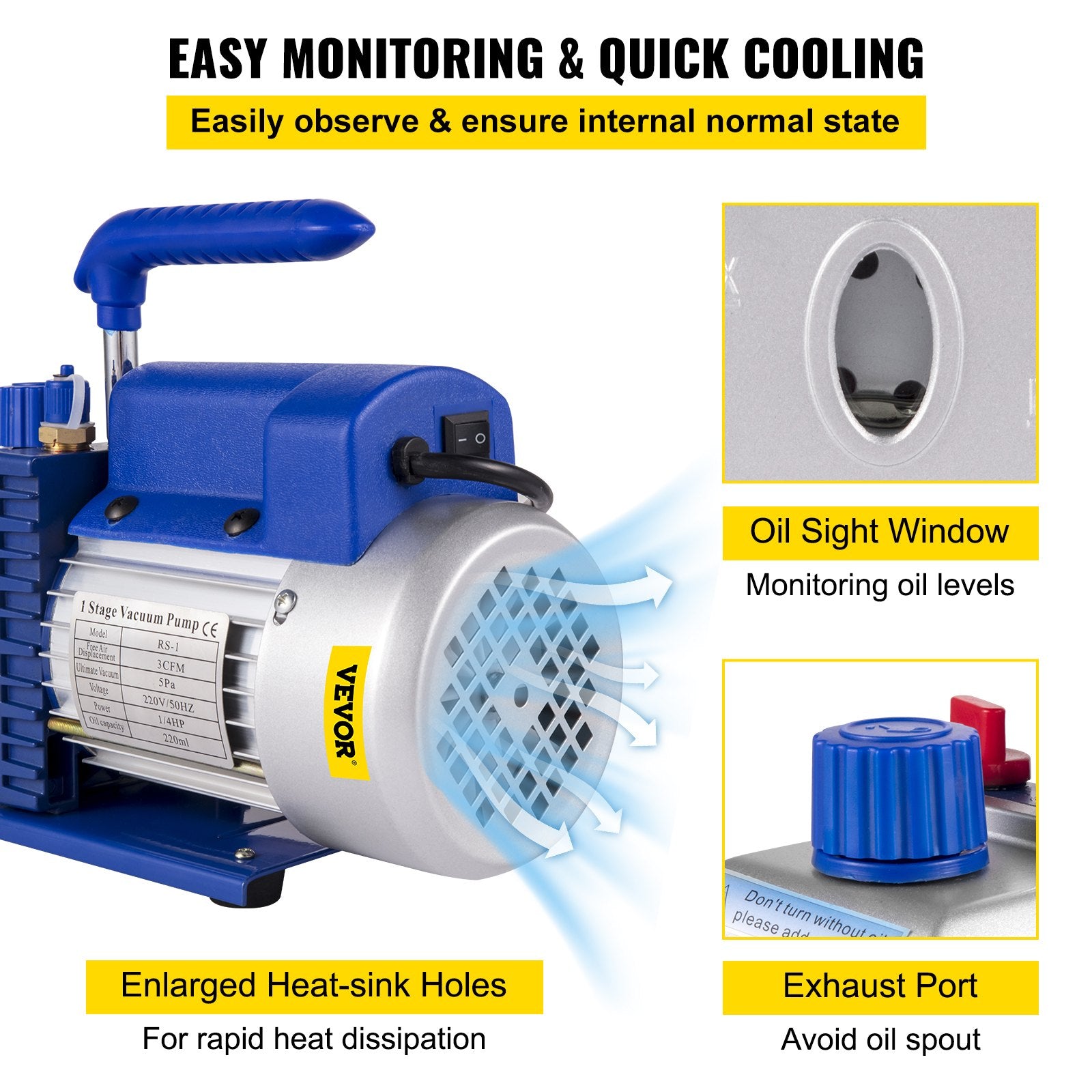 3CFM 84 L/M 1-Stage, Refrigerant Vacuum Pump Refrigeration Gauges A/C Air Conditioning 1440 RPM 1/4 HP, 3 pcs hoses 800 PSI Refrigeration Gauges - Image 6