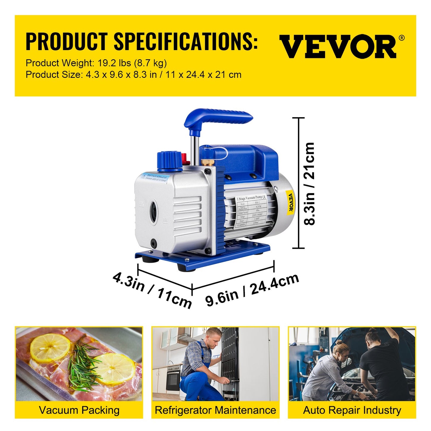 3CFM 84 L/M 1-Stage, Refrigerant Vacuum Pump Refrigeration Gauges A/C Air Conditioning 1440 RPM 1/4 HP, 3 pcs hoses 800 PSI Refrigeration Gauges - Image 7