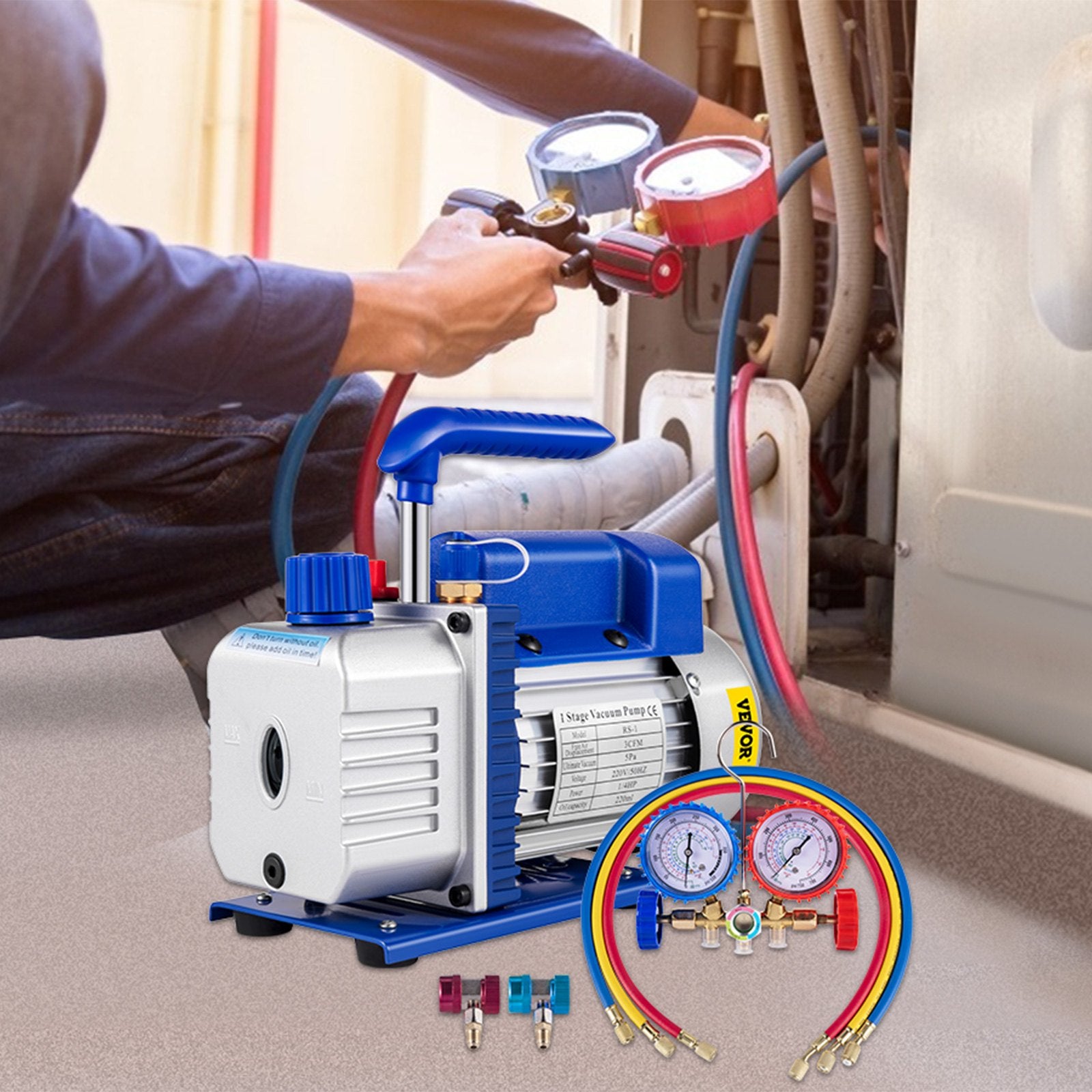 3CFM 84 L/M 1-Stage, Refrigerant Vacuum Pump Refrigeration Gauges A/C Air Conditioning 1440 RPM 1/4 HP, 3 pcs hoses 800 PSI Refrigeration Gauges - Image 8