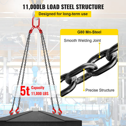 Chain Sling 5/16" X 10' Engine Lift Chain G80 Alloy Steel Engine Chain Hoist Lifts 3 Ton with 4 Leg Grab Hooks and Adjuster - Image 3