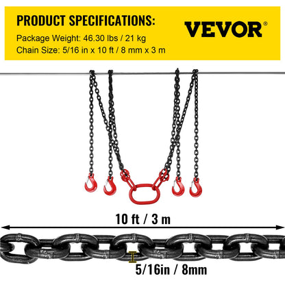 Chain Sling 5/16" X 10' Engine Lift Chain G80 Alloy Steel Engine Chain Hoist Lifts 3 Ton with 4 Leg Grab Hooks and Adjuster - Image 7