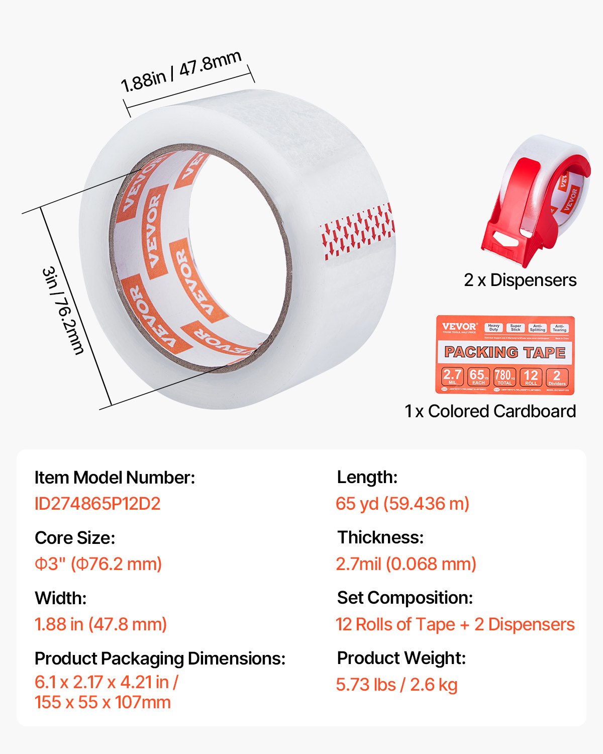 Packing Tape 12 Rolls 65 Yards Clear Shipping Tape with Dispenser 2.7 Mil - Image 7
