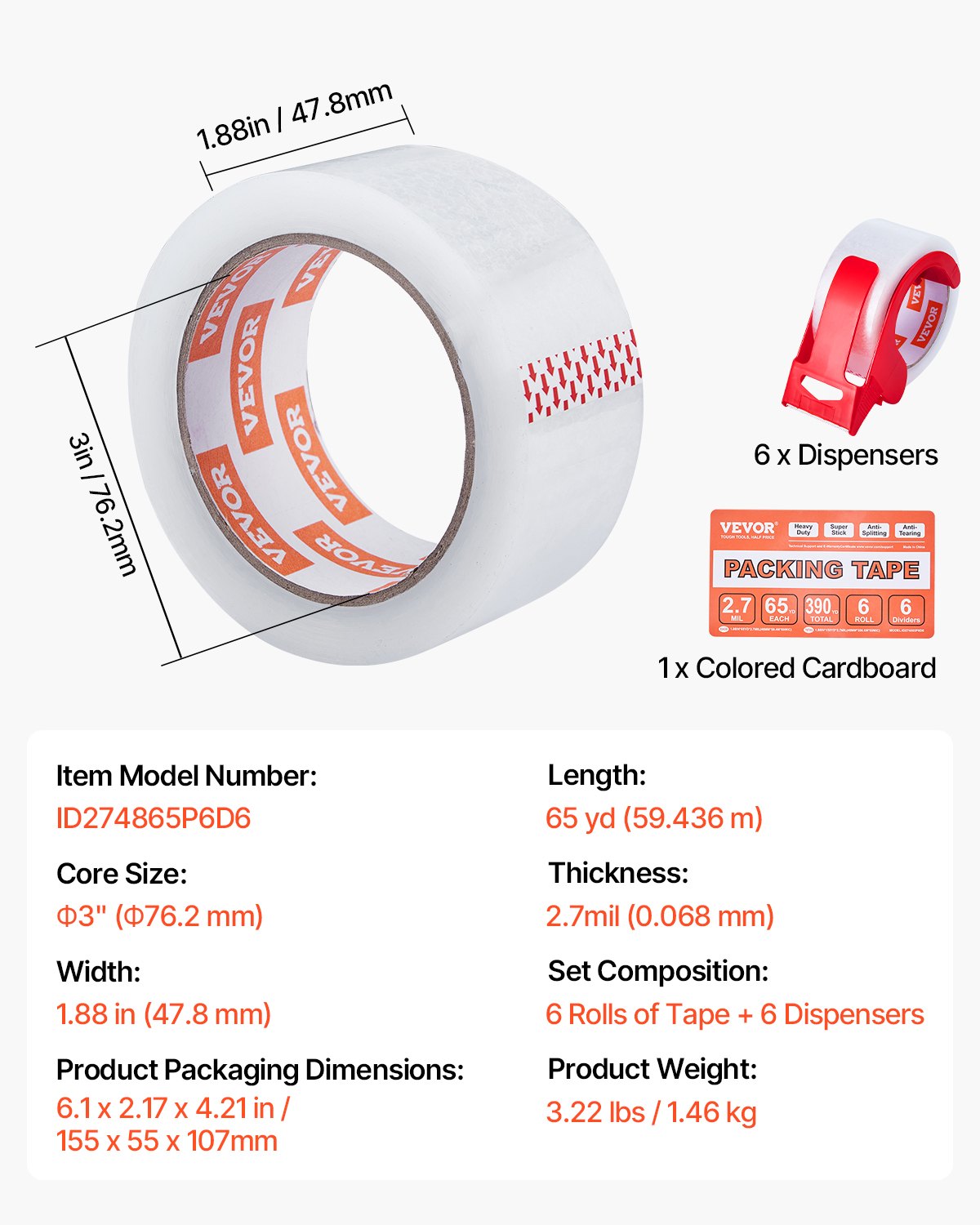 Packing Tape 6 Rolls 65 Yards Clear Shipping Tape with Dispenser 2.7 Mil - Image 7