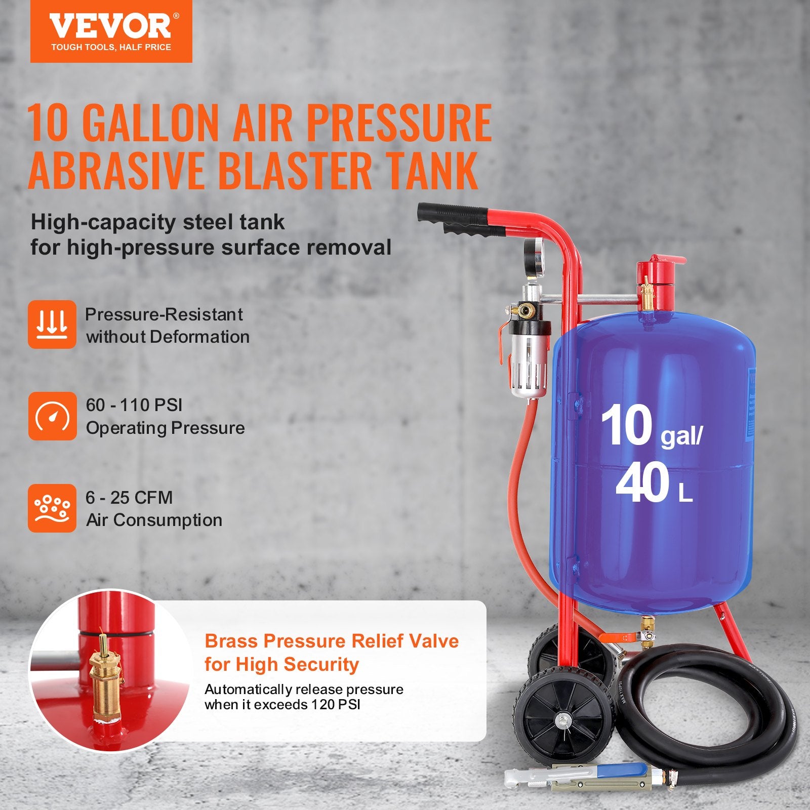 10Gal/40L Sandblaster Equipped w/Nozzle Shut-Off Valve Pressure Gauge Ceramic Nozzle Rubber Wheels Grit Power Sand Blasters Portable Sandblasting Equipment - Image 2