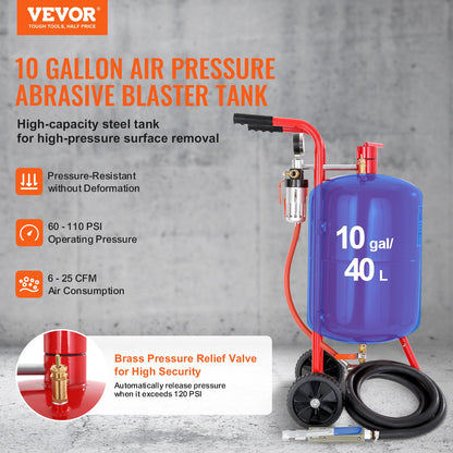 10Gal/40L Sandblaster Equipped w/Nozzle Shut-Off Valve Pressure Gauge Ceramic Nozzle Rubber Wheels Grit Power Sand Blasters Portable Sandblasting Equipment - Image 2