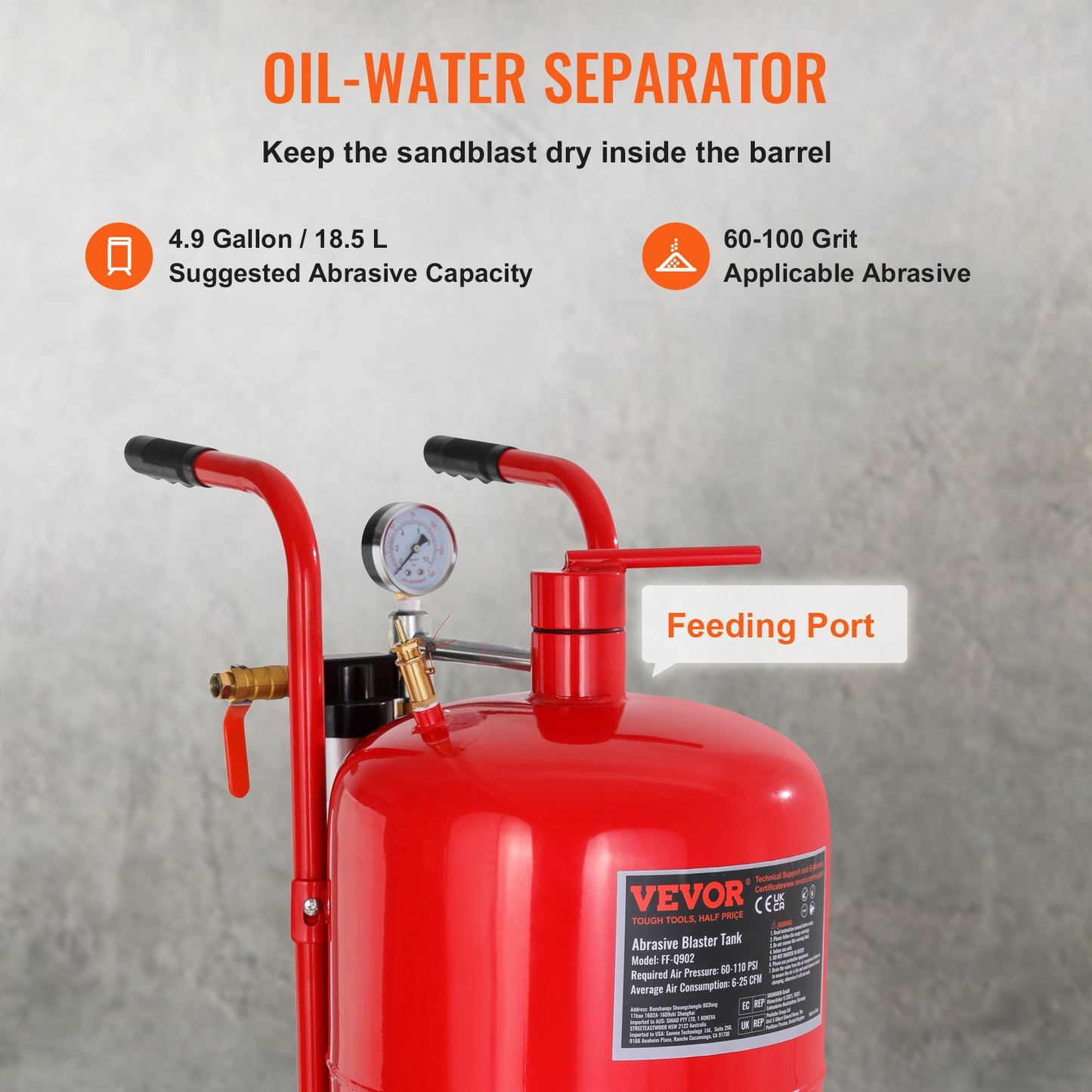 10Gal/40L Sandblaster Equipped w/Nozzle Shut-Off Valve Pressure Gauge Ceramic Nozzle Rubber Wheels Grit Power Sand Blasters Portable Sandblasting Equipment - Image 3