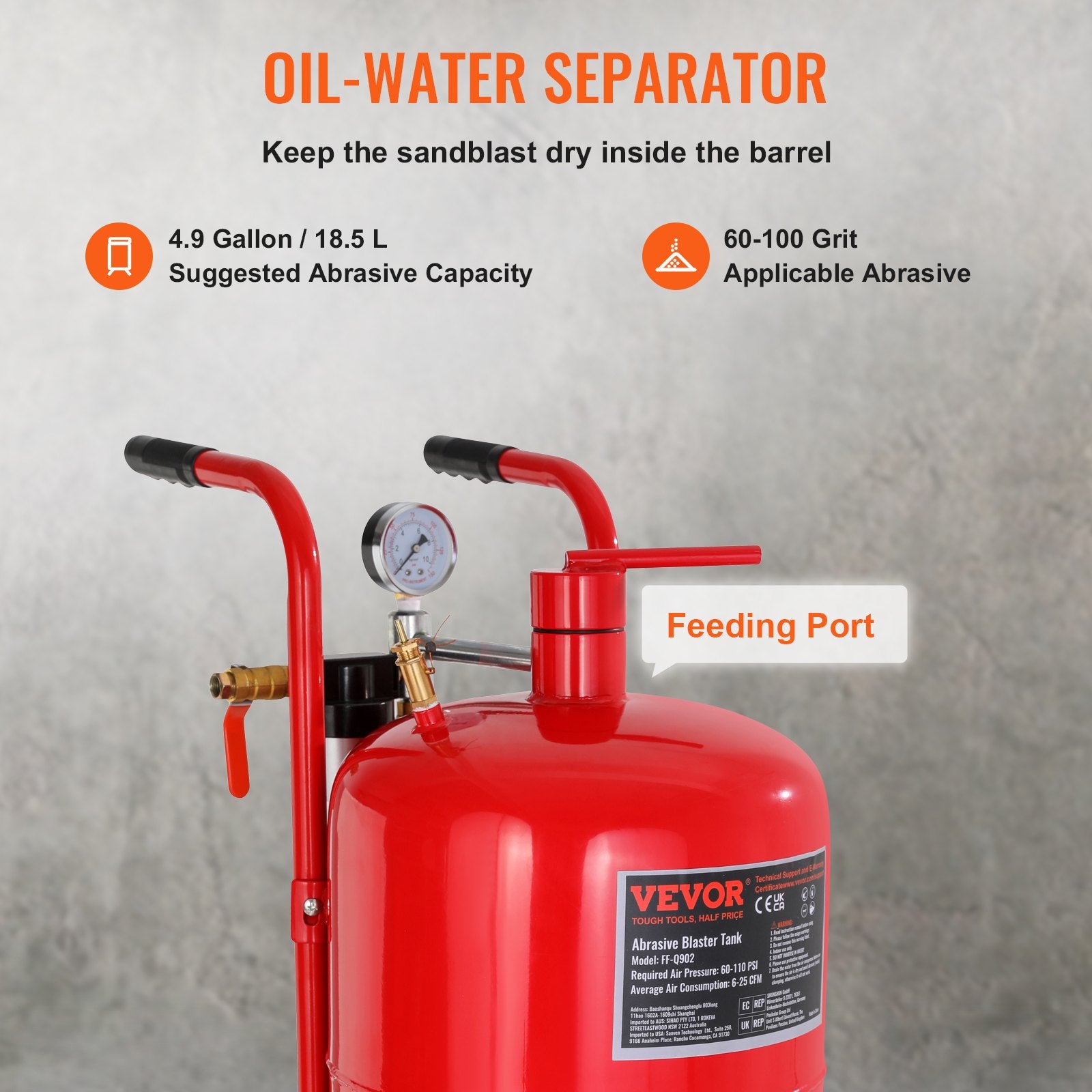 10Gal/40L Sandblaster Equipped w/Nozzle Shut-Off Valve Pressure Gauge Ceramic Nozzle Rubber Wheels Grit Power Sand Blasters Portable Sandblasting Equipment - Image 3