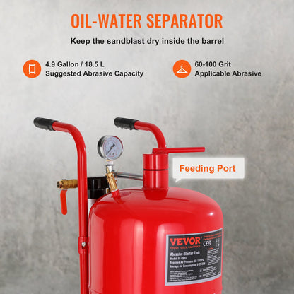 10Gal/40L Sandblaster Equipped w/Nozzle Shut-Off Valve Pressure Gauge Ceramic Nozzle Rubber Wheels Grit Power Sand Blasters Portable Sandblasting Equipment - Image 3
