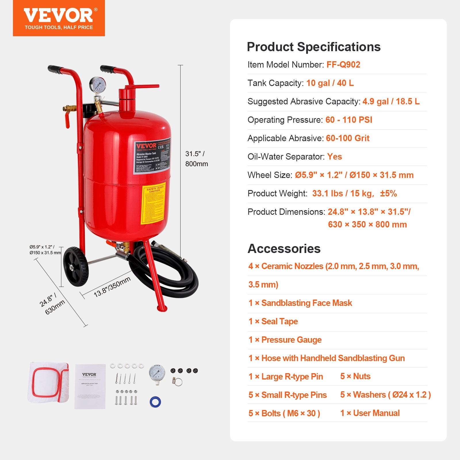 10Gal/40L Sandblaster Equipped w/Nozzle Shut-Off Valve Pressure Gauge Ceramic Nozzle Rubber Wheels Grit Power Sand Blasters Portable Sandblasting Equipment - Image 7