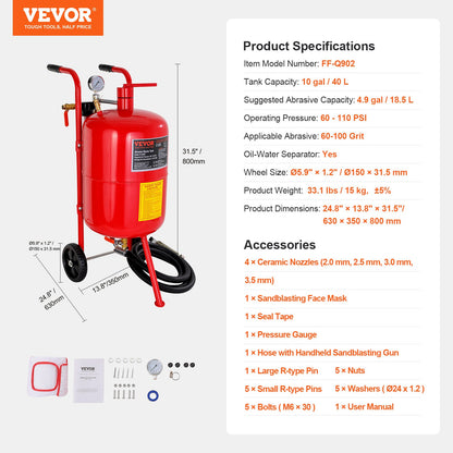 10Gal/40L Sandblaster Equipped w/Nozzle Shut-Off Valve Pressure Gauge Ceramic Nozzle Rubber Wheels Grit Power Sand Blasters Portable Sandblasting Equipment - Image 7