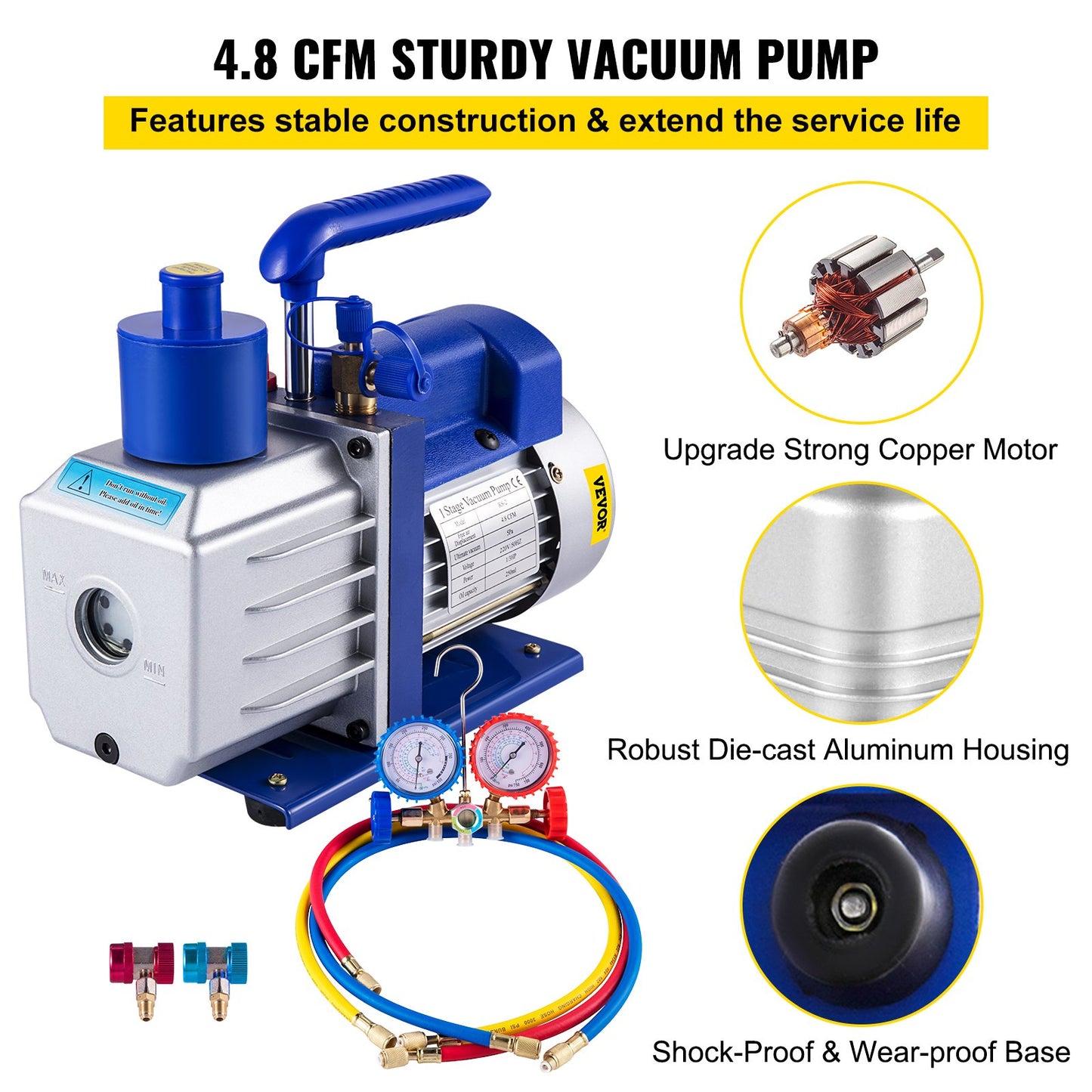 Vacuum Pump 4.8CFM 1/3HP Air Vacuum Pump HVAC A/C Air Refrigerant Rotary Vane Vacuum Pump Single Stage 4 Valve AC Manifold Gauge Set (4.8CFM1/3HP) - Image 3