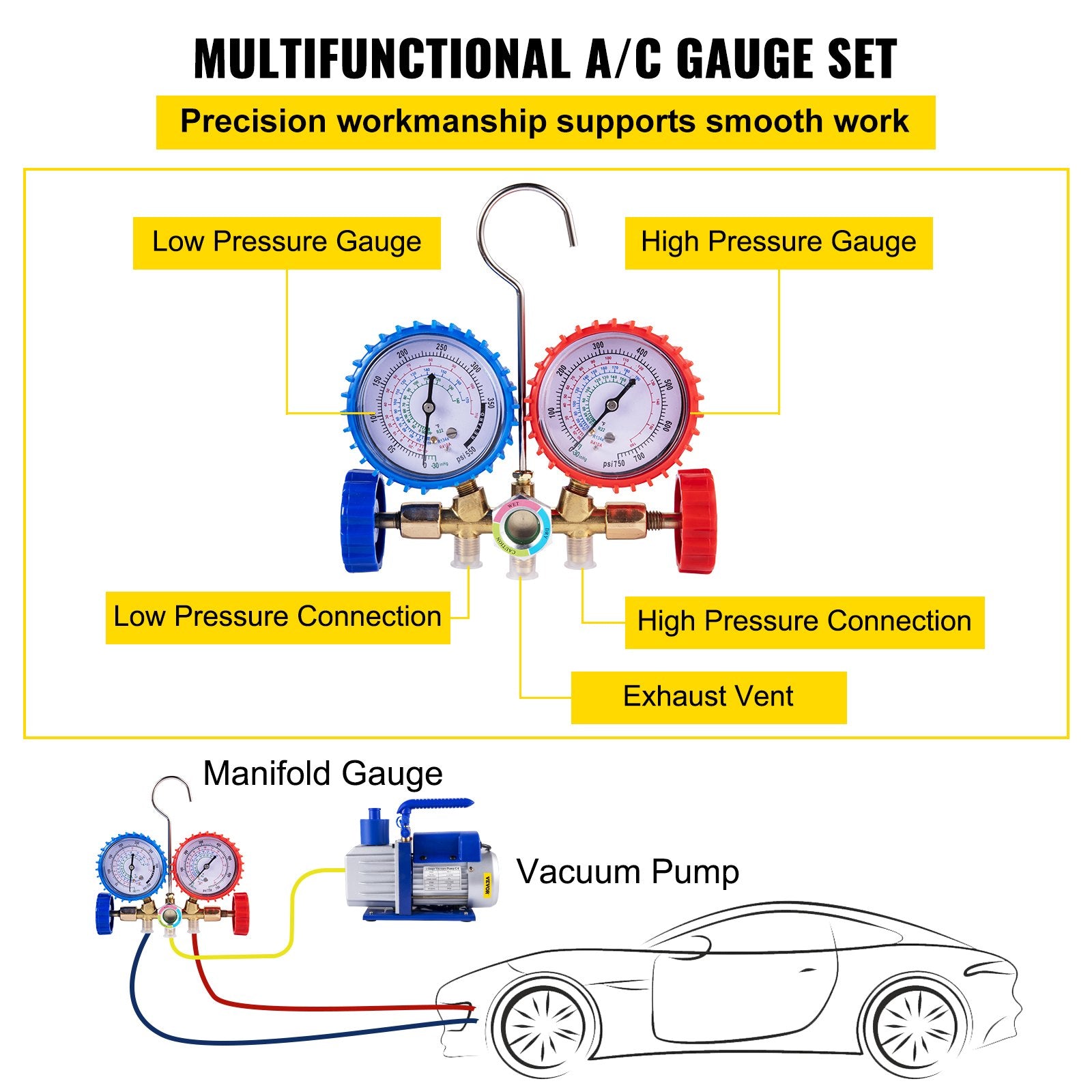 Vacuum Pump 4.8CFM 1/3HP Air Vacuum Pump HVAC A/C Air Refrigerant Rotary Vane Vacuum Pump Single Stage 4 Valve AC Manifold Gauge Set (4.8CFM1/3HP) - Image 4