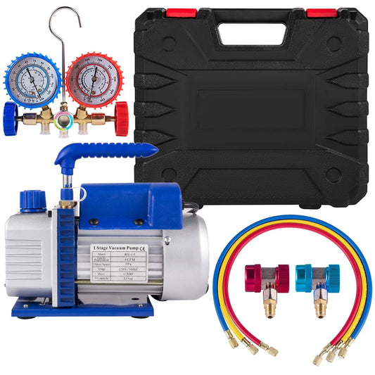 4CFM 1/4HP Rotary Vane Vacuum Pump + R134AManifold Gauge Tester Charging +Hose