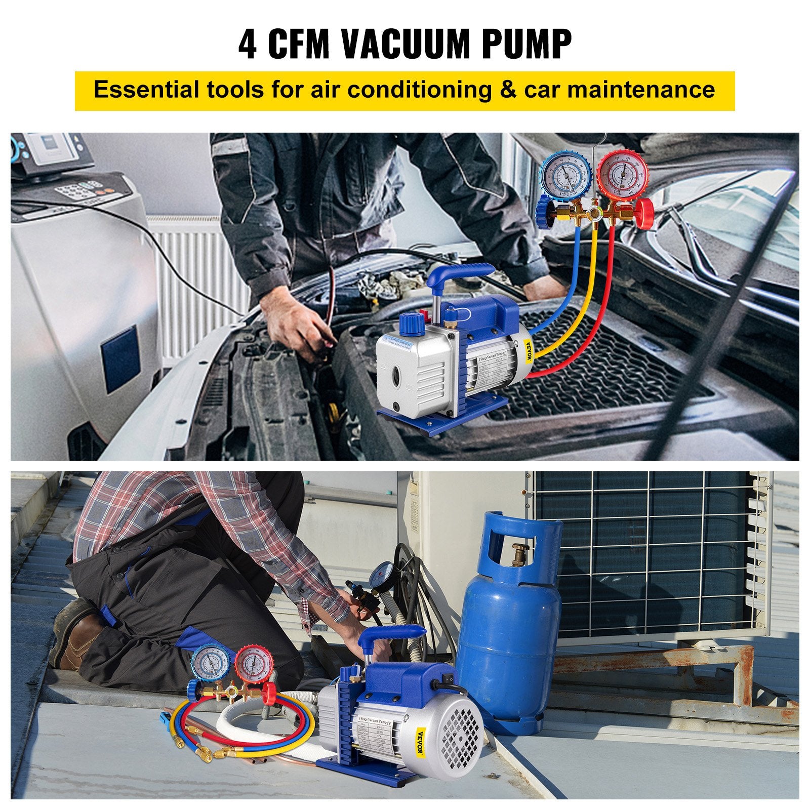 4CFM 1/4HP Rotary Vane Vacuum Pump + R134AManifold Gauge Tester Charging +Hose - Image 2
