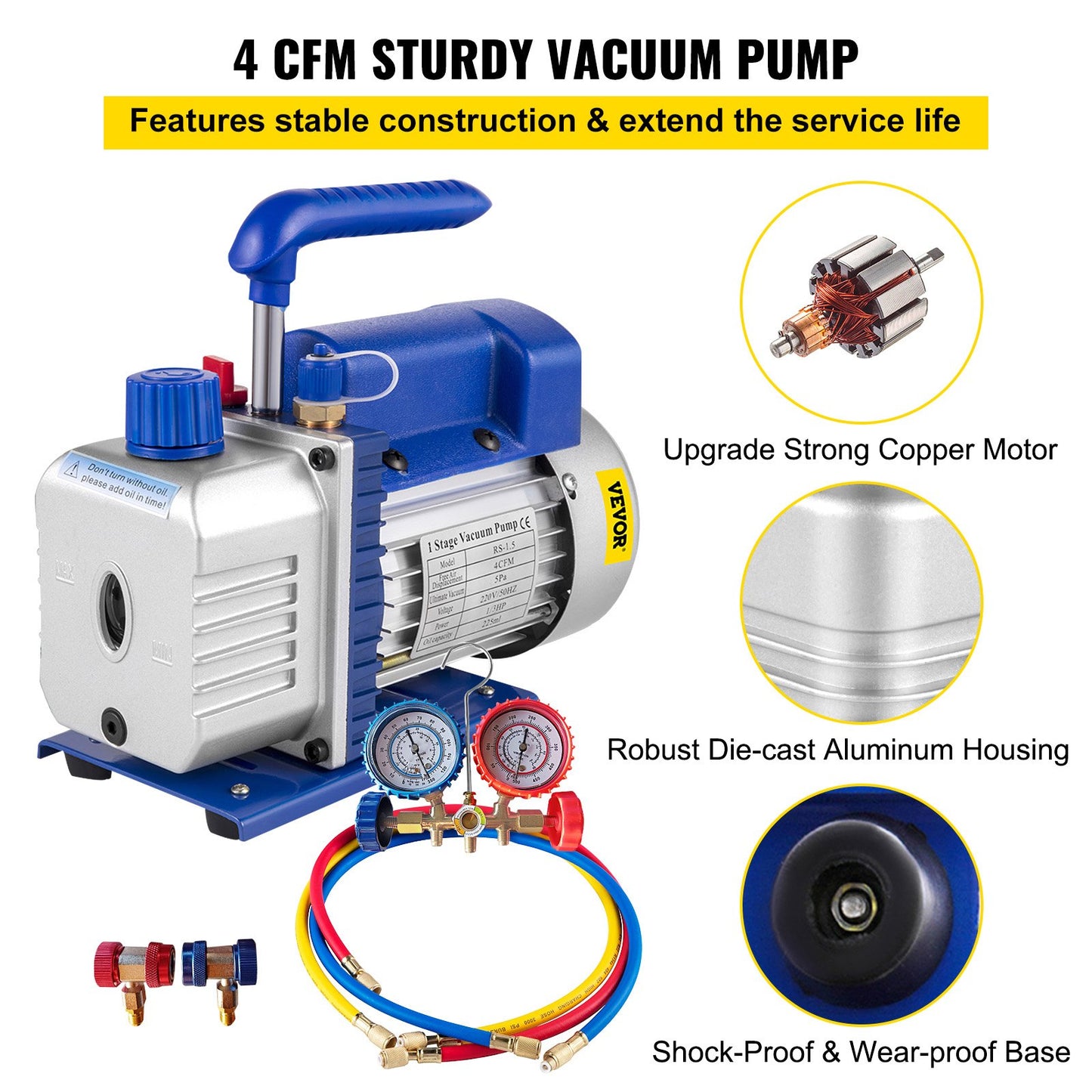 4CFM 1/4HP Rotary Vane Vacuum Pump + R134AManifold Gauge Tester Charging +Hose - Image 3