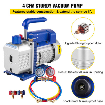 4CFM 1/4HP Rotary Vane Vacuum Pump + R134AManifold Gauge Tester Charging +Hose - Image 3