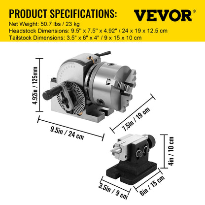 BS-0 Dividing Head 5 Inch, Precision Dividing Head Set with 5" 3-jaw Chuck & Tailstock Dividing Plates for Milling Machine - Image 7