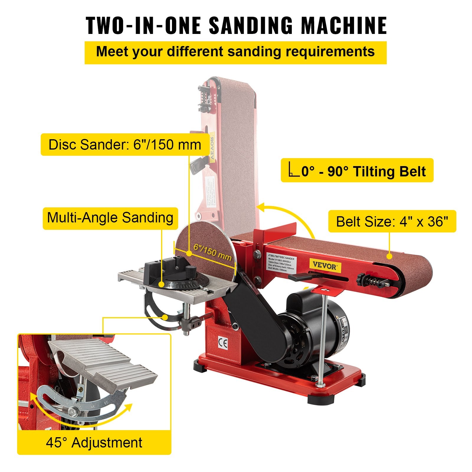 Belt Sander 4" x 36", Disc Combo Sander 6",Electric Adjustable Bench Belt Sander 375W,Grinder Bench Sanding Machine With 4 Rubber Foot Pad - Image 3