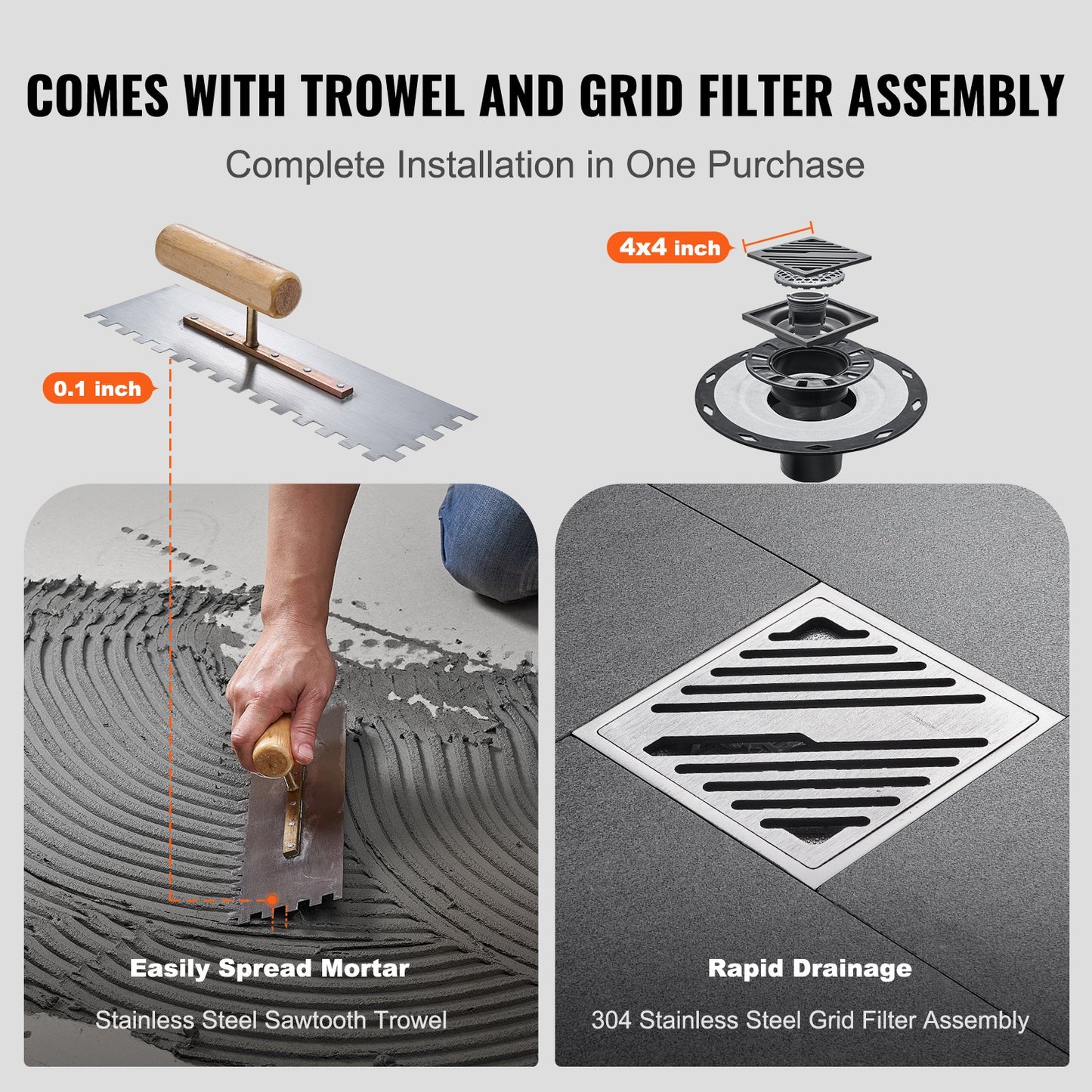 Shower Curb Kit, 1828x1828mm, 72"x72" Shower Pan Kit with 50.8mm ABS Central Flange, 101.6mm Stainless Steel Grate, Waterproof Shower Curb & Membrane & Strip, Shower Pan Slope Sticks Fit for Bathroom - Image 3