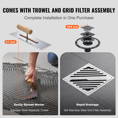 Shower Curb Kit, 1828x1828mm, 72"x72" Shower Pan Kit with 50.8mm ABS Central Flange, 101.6mm Stainless Steel Grate, Waterproof Shower Curb & Membrane & Strip, Shower Pan Slope Sticks Fit for Bathroom - Image 3