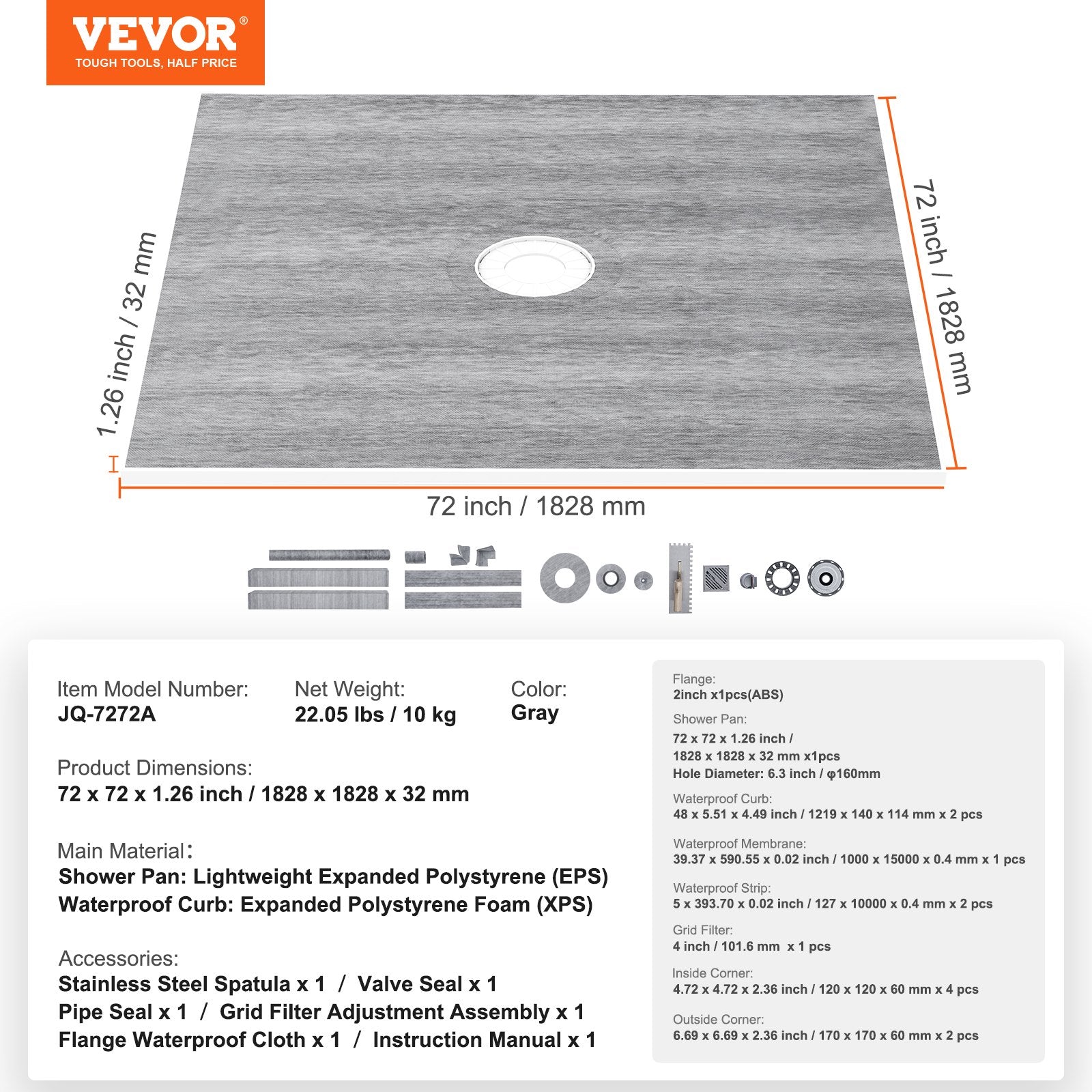 Shower Curb Kit, 1828x1828mm, 72"x72" Shower Pan Kit with 50.8mm ABS Central Flange, 101.6mm Stainless Steel Grate, Waterproof Shower Curb & Membrane & Strip, Shower Pan Slope Sticks Fit for Bathroom - Image 7