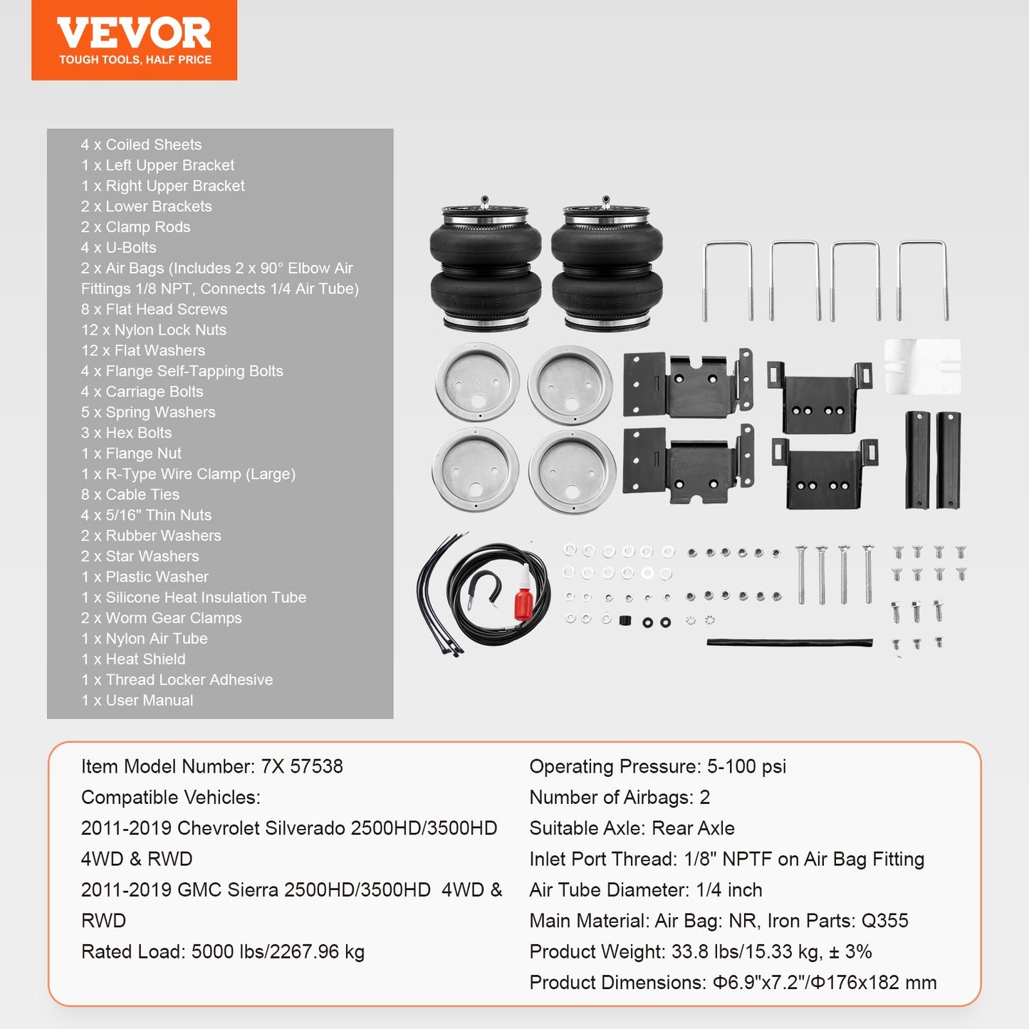 Air Bag Suspension Kit, Air Springs Suspension Bag Kit Compatible with 2011-2019 Chevrolet Silverado 2500/3500HD and GMC Sierra 2500/3500HD 4WD RWD, 5000 lbs Loading, 5 to 100 PSI - Image 7