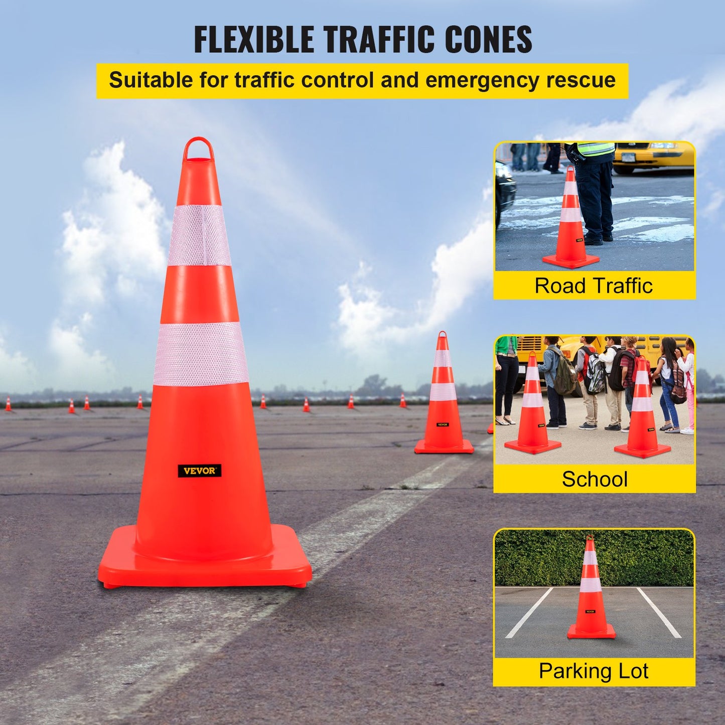 Safety Cones, 10PCS 28\" Traffic Cones, PVC Orange Construction Cones, 2 Reflective Collars Traffic Cones with Weighted Base and Hand-Held Ring Used for Traffic Control, Driveway Road Parking - Image 2