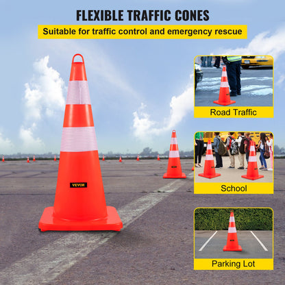 Safety Cones, 10PCS 28\" Traffic Cones, PVC Orange Construction Cones, 2 Reflective Collars Traffic Cones with Weighted Base and Hand-Held Ring Used for Traffic Control, Driveway Road Parking - Image 2
