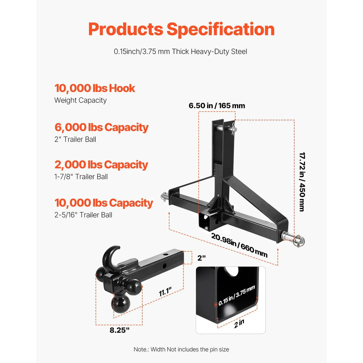 3 Point Trailer Hitch with 2 in Receiver, 3pt Quick Hitch Attachment, Heavy Duty Tractor Tow Drawbar Adapter, Compatible with Kubota, Mahindra, Ford, Yanmar, John Deere, Massey Ferguson - Image 3