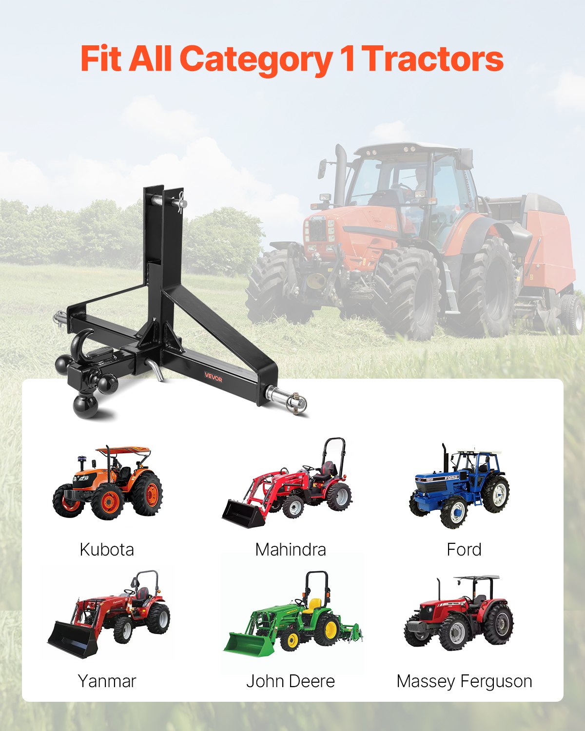 3 Point Trailer Hitch with 2 in Receiver, 3pt Quick Hitch Attachment, Heavy Duty Tractor Tow Drawbar Adapter, Compatible with Kubota, Mahindra, Ford, Yanmar, John Deere, Massey Ferguson - Image 2