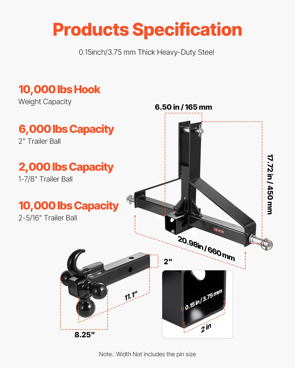 3 Point Trailer Hitch with 2 in Receiver, 3pt Quick Hitch Attachment, Heavy Duty Tractor Tow Drawbar Adapter, Compatible with Kubota, Mahindra, Ford, Yanmar, John Deere, Massey Ferguson - Image 3