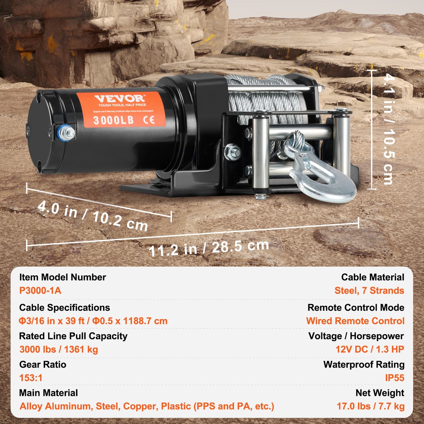 Electric Winch, 1361 kg Line Pull Capacity, 12V DC ATV/UTV Winch with Φ0.5 x 1188.7 cm 7 Strands Steel Cable Roller Fairlead Wired Remote Control, IP55 Waterproof for Towing UTV ATV Off-Road - Image 7