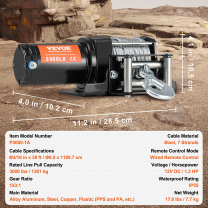 Electric Winch, 1361 kg Line Pull Capacity, 12V DC ATV/UTV Winch with Φ0.5 x 1188.7 cm 7 Strands Steel Cable Roller Fairlead Wired Remote Control, IP55 Waterproof for Towing UTV ATV Off-Road - Image 7