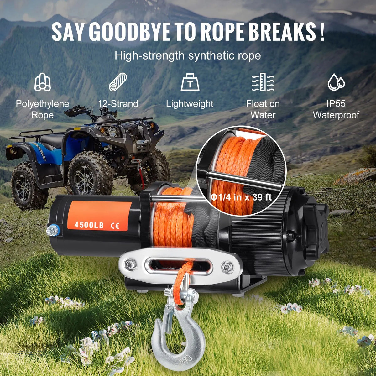Electric Winch ATV UTV 2041 kg Synthetic Rope Waterproof Remote Control - Image 4